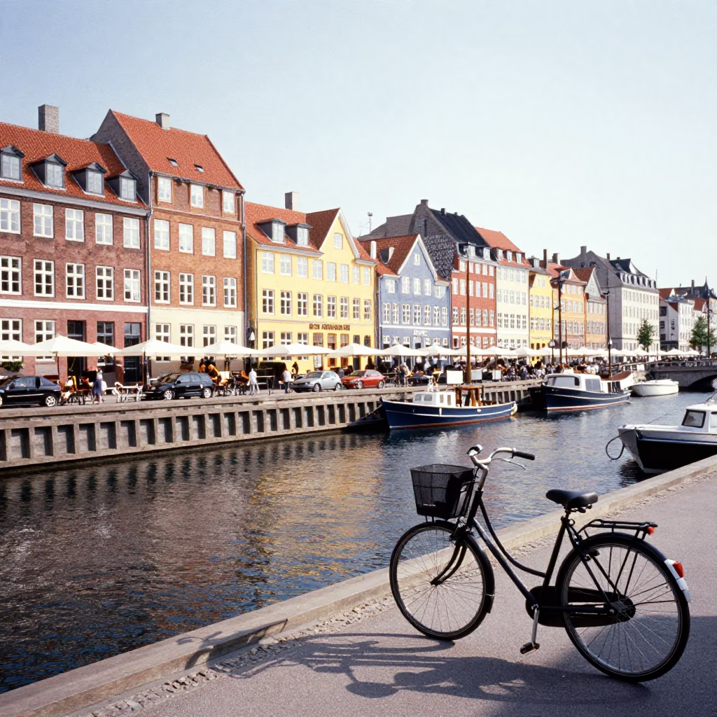 Copenhagen Canal Life Under Flat Noon Light with Bicycle and Brick Architecture in in Copenhagen, Denmark
