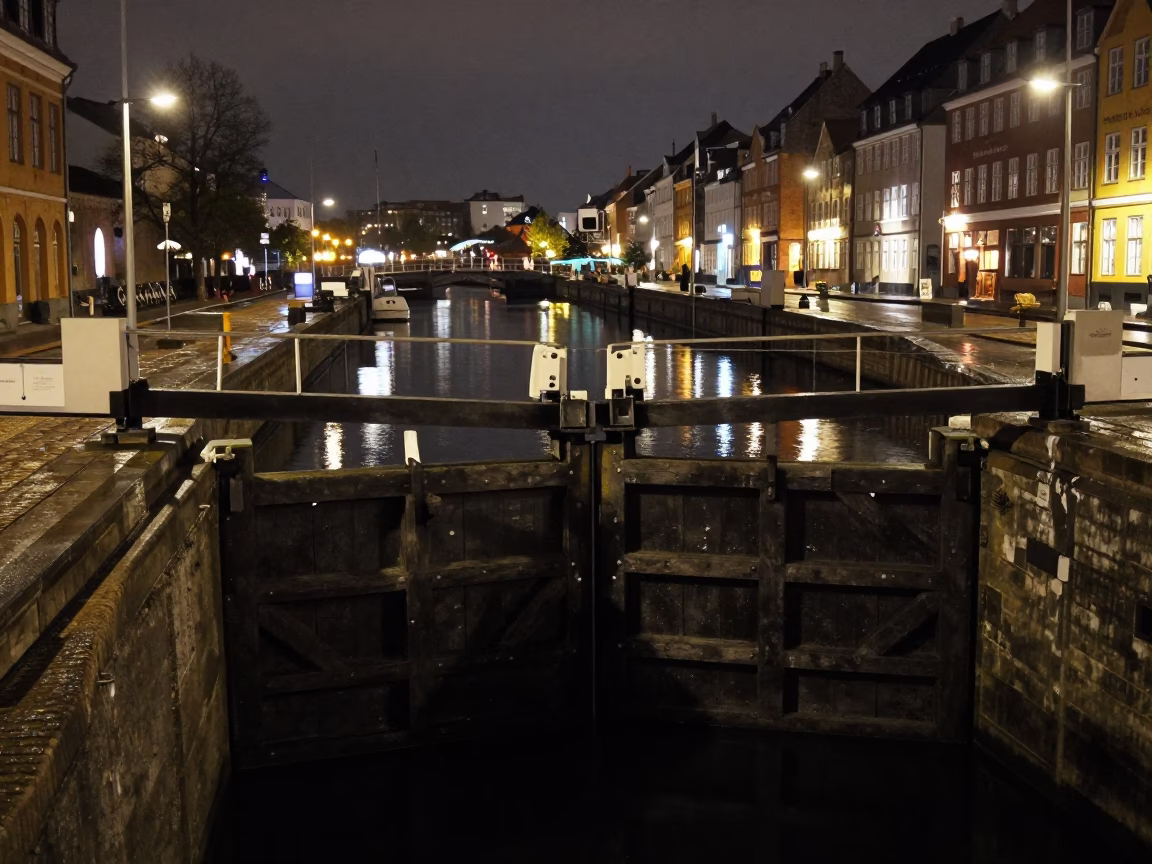 Copenhagen Canal Lock at Deep In The Night Light in in Copenhagen, Denmark