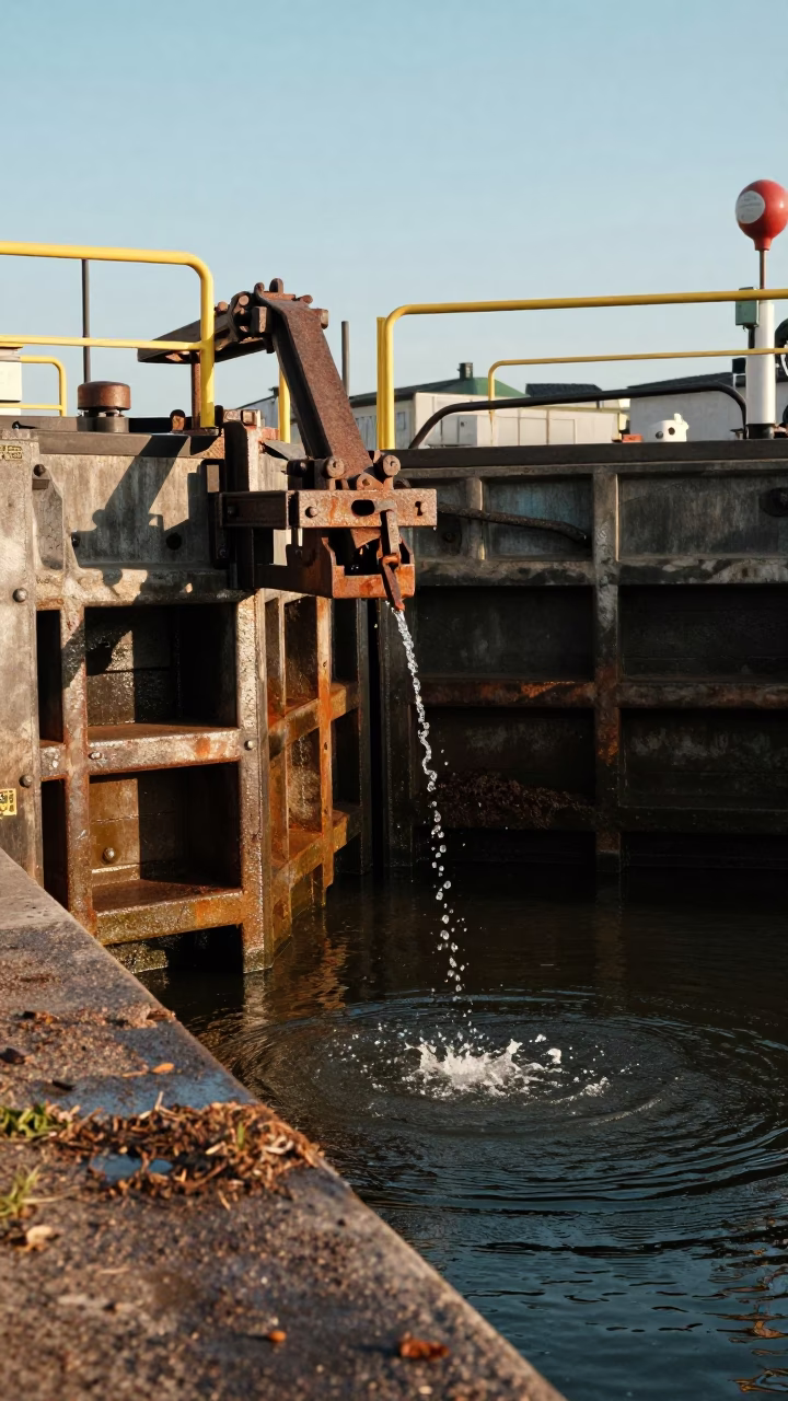 Copenhagen Canal Lock Gate Dripping Water Beside Muddy Edge in Late Afternoon in in Copenhagen, Denmark