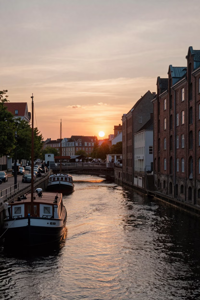 Copenhagen Canal Scene at Sunset with Barge and Traditional Architecture in in Copenhagen, Denmark