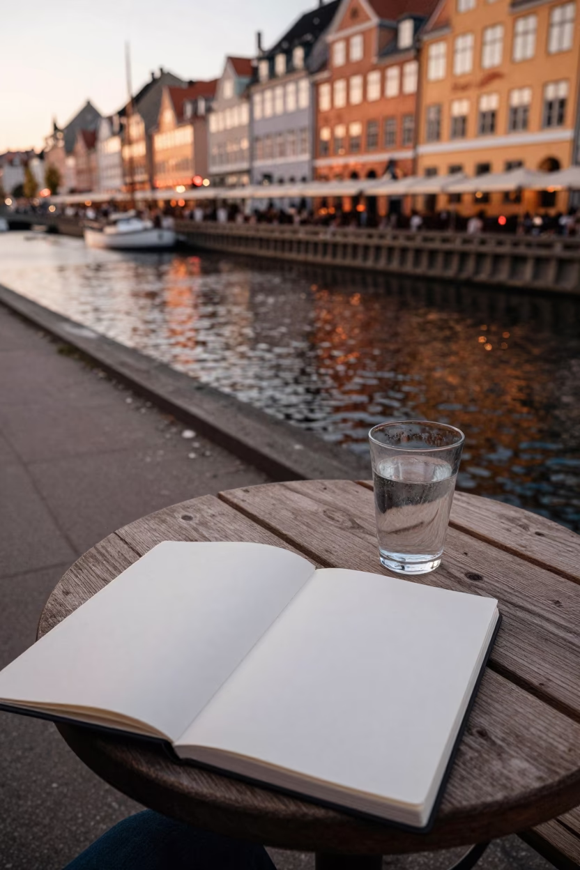 Copenhagen Canal Side Café Before Dusk with Blank Notebooks and Condensation in in Copenhagen, Denmark