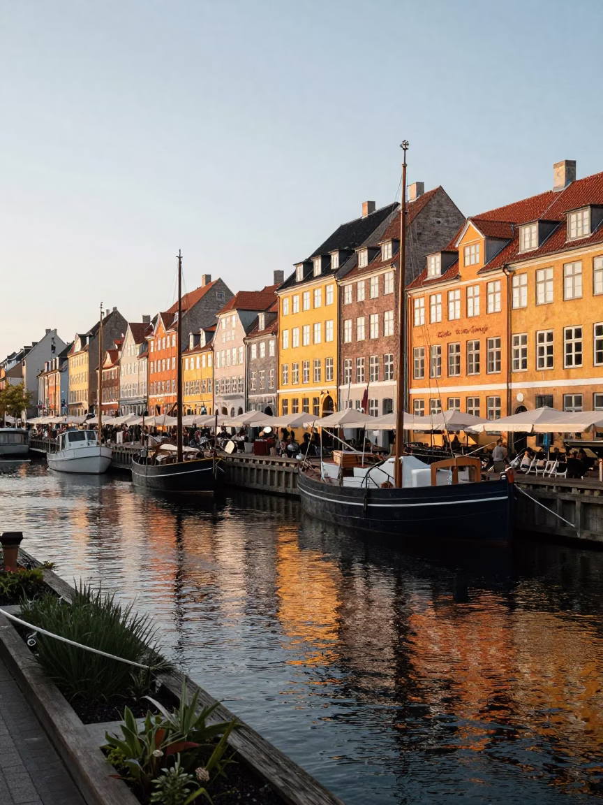 Copenhagen Canals at First Light Houseboat Rooftop Garden and Morning Ambience in in Copenhagen, Denmark