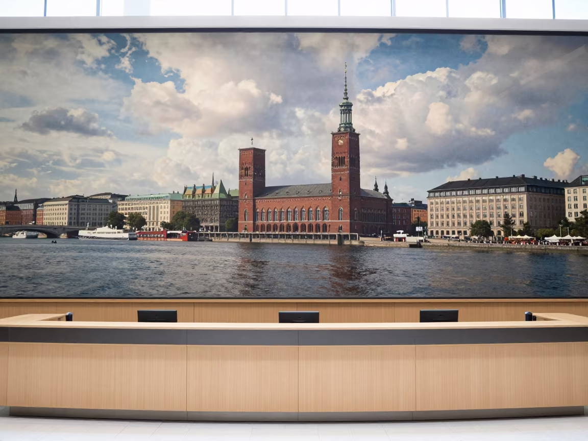Copenhagen City Hall Reception Desk Under Riverfront Mural in inside a council chamber near Copenhagen