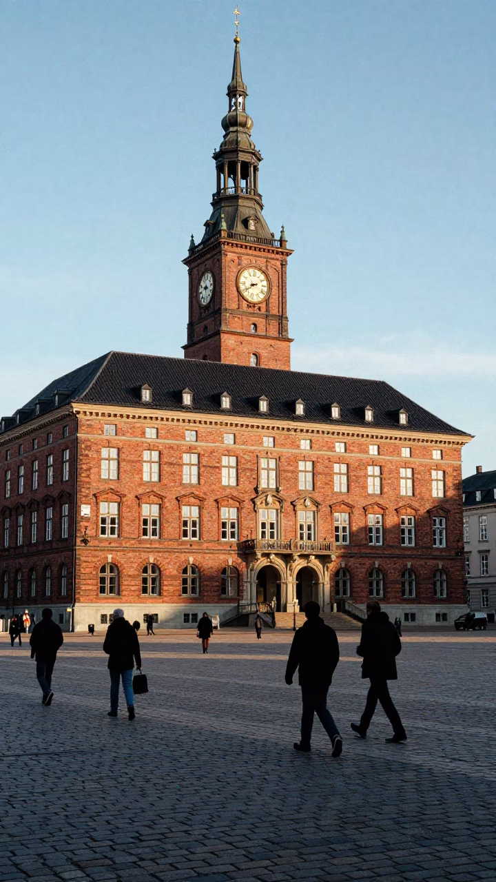 Copenhagen City Hall Square Pedestrians and Clock Tower Early Afternoon Sunlight in in Copenhagen, Denmark