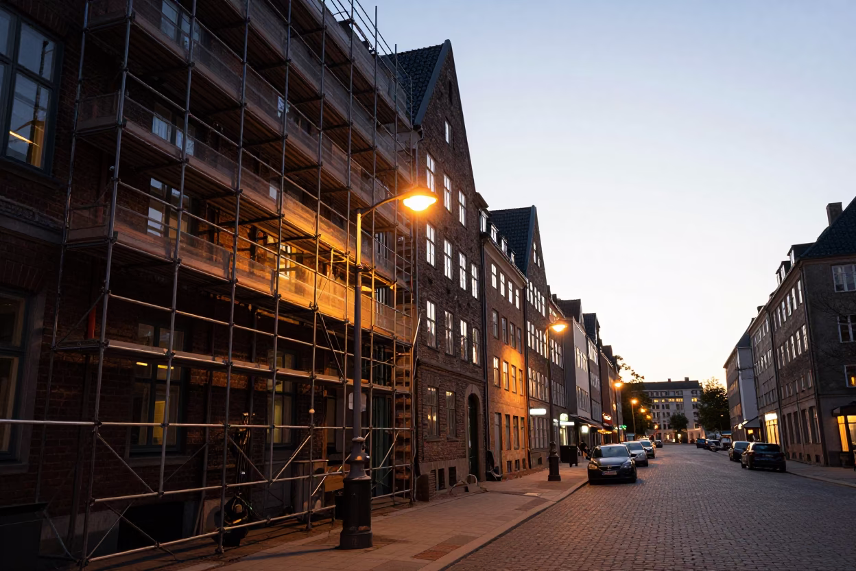 Copenhagen City Lights Glow Evening Street Scene with Scaffold and Porcelain Bowl in in Copenhagen, Denmark