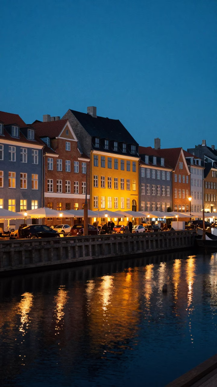 Copenhagen City Lights Glow Over Nyhavn Canal with Traditional Brick Buildings and Parked Boats in in Copenhagen, Denmark