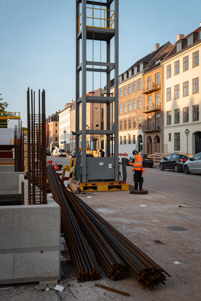 Copenhagen Construction Site Afternoon with Rebar and Urban Grit in in Copenhagen, Denmark