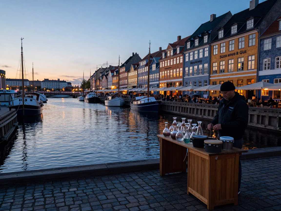 Copenhagen Dawn Street Scene with Glass Vases and Wooden Crate at Nyhavn in in Copenhagen, Denmark