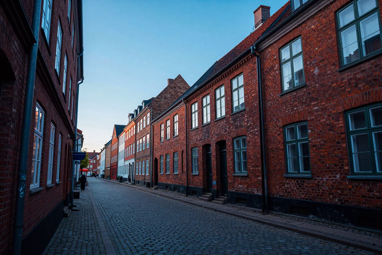 Copenhagen Dawn Street Scene with Traditional Red Brick Architecture and Pedestrians in in Copenhagen, Denmark