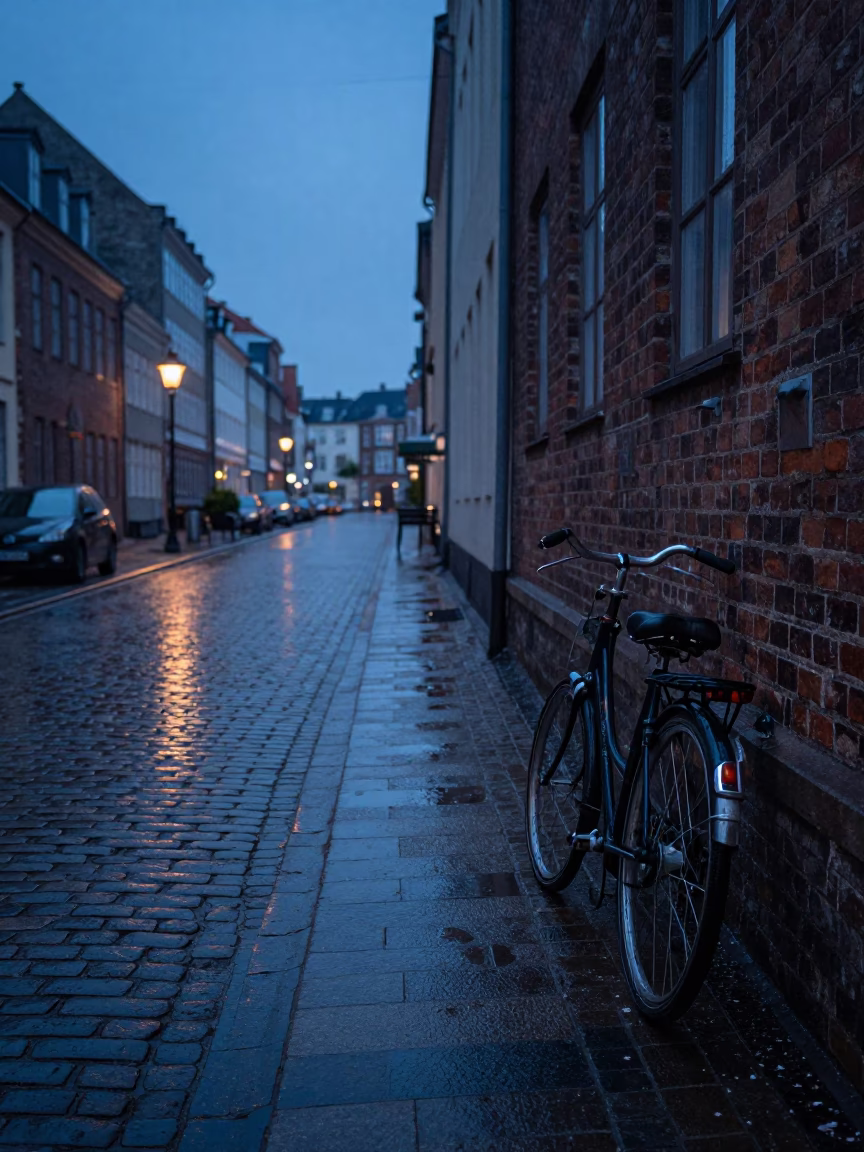 Copenhagen Dawn Street Scene with Vintage Bicycle and Wet Cobblestones Before Sunrise in in Copenhagen, Denmark