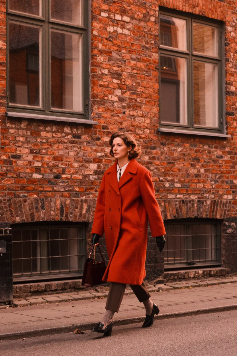 Copenhagen Denmark 1960s High Fashion Street Style in Copper Dusk Light in in Copenhagen, Denmark
