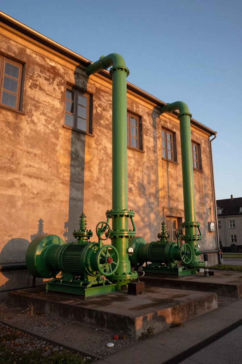 Copenhagen Denmark 1990s Evening Light Sewage Pumping Station Green Pumps and Urban Infrastructure in in Copenhagen, Denmark