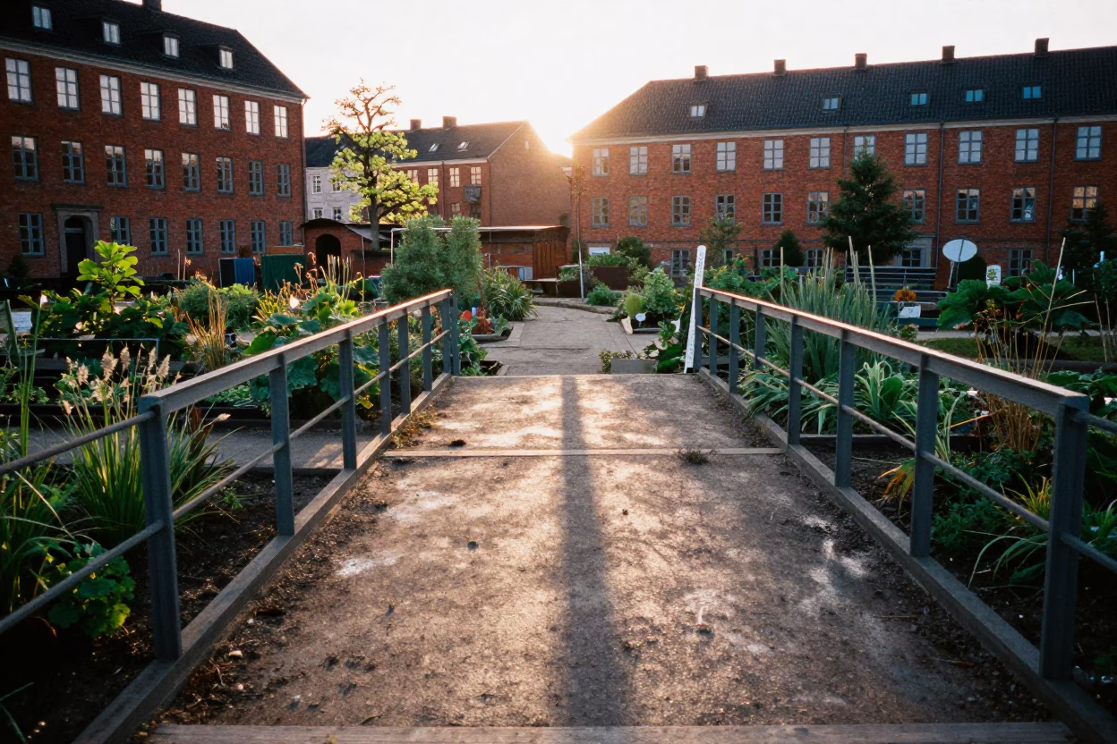 Copenhagen Denmark Allotment Gardens Viaduct Shadow and Thermometer After Sunrise Rain in in Copenhagen, Denmark