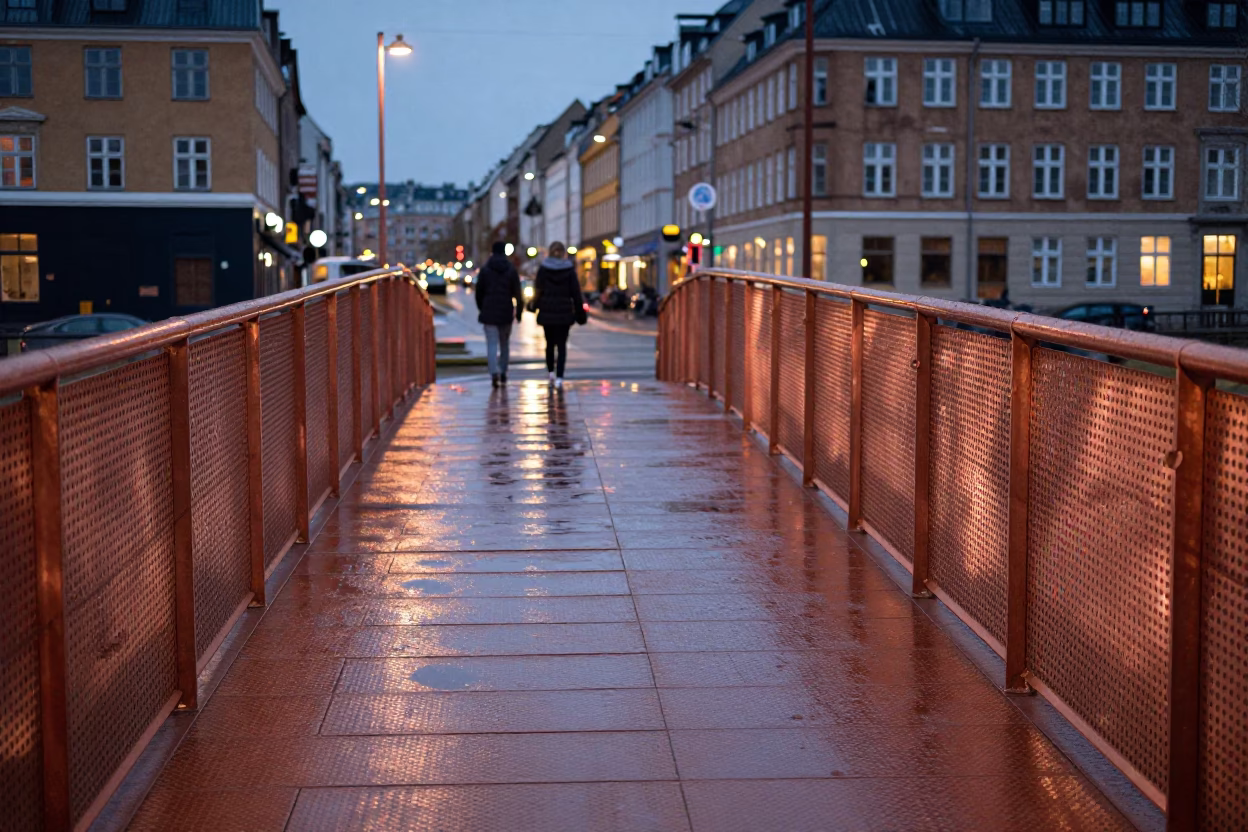 Copenhagen Denmark Copper Dusk Pedestrian Overpass Wet Footsteps Perforated Metal Scenic View in in Copenhagen, Denmark