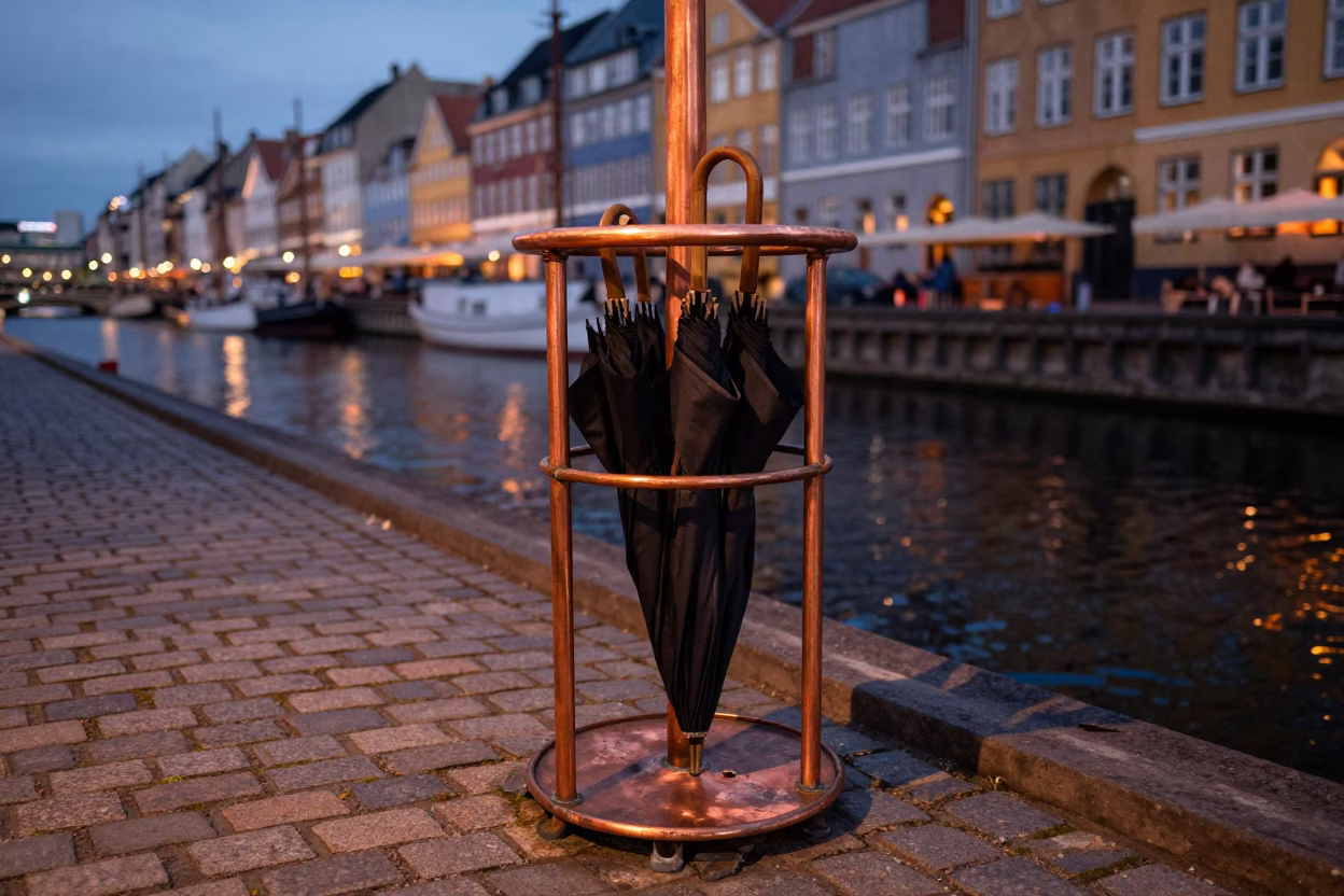 Copenhagen Denmark Copper Dusk Umbrella Stand and Canal Street Scene in in Copenhagen, Denmark