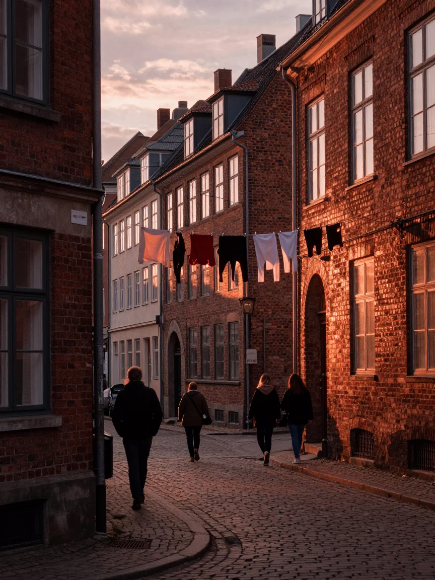 Copenhagen Denmark Copper Light Before Dusk Clothesline and Urban Street Scene in in Copenhagen, Denmark