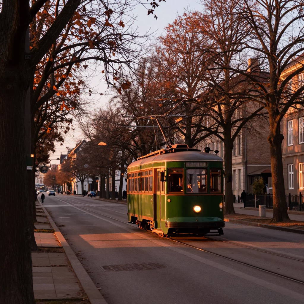 Copenhagen Denmark copper light before dusk old trolley tree-lined avenue street photography in in Copenhagen, Denmark