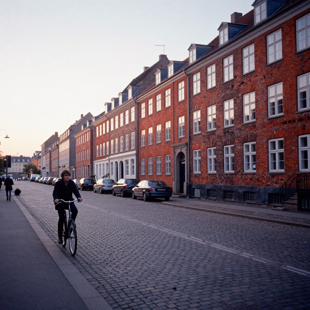 Copenhagen Denmark dawn street scene with bicycle and red brick architecture in in Copenhagen, Denmark