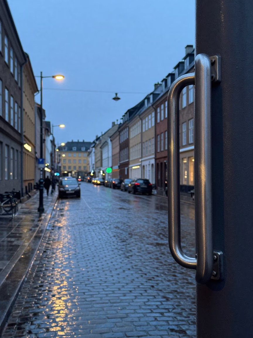 Copenhagen Denmark Dawn Street Scene with Brushed Steel Handle and Grease Sheen in in Copenhagen, Denmark