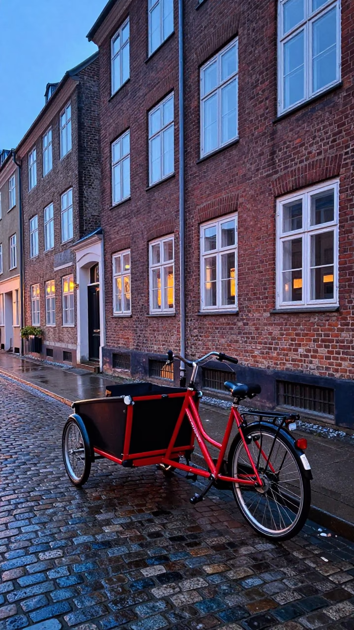 Copenhagen Denmark Dawn Street Scene with Cargo Bicycle and Wet Cobblestones in in Copenhagen, Denmark