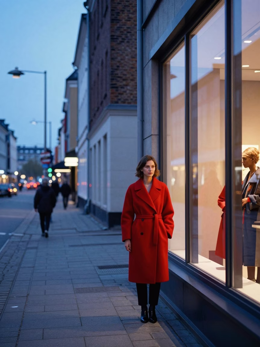 Copenhagen Denmark Dawn Street Scene with Colorful Fashion Model and Urban Details in in Copenhagen, Denmark