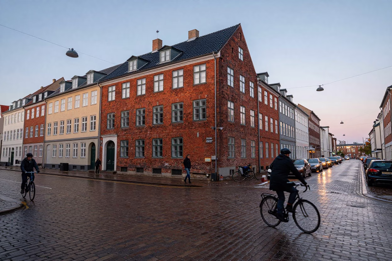 Copenhagen Denmark Dawn Street Scene with Cyclists and Brick Architecture in in Copenhagen, Denmark
