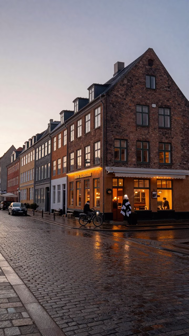 Copenhagen Denmark Dawn Street Scene with Muffin Tin and Blanket Chest in in Copenhagen, Denmark