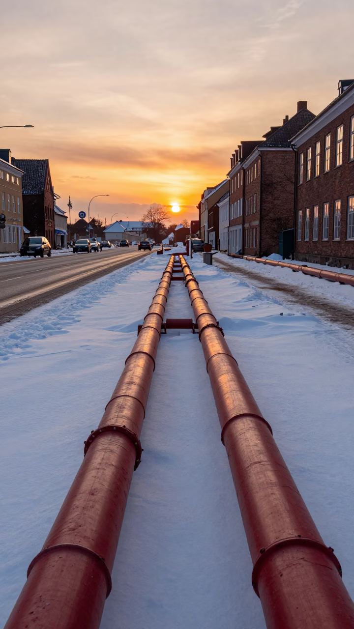 Copenhagen Denmark District Heating Corridor Sunset Snow Landscape 1950s Style in in Copenhagen, Denmark