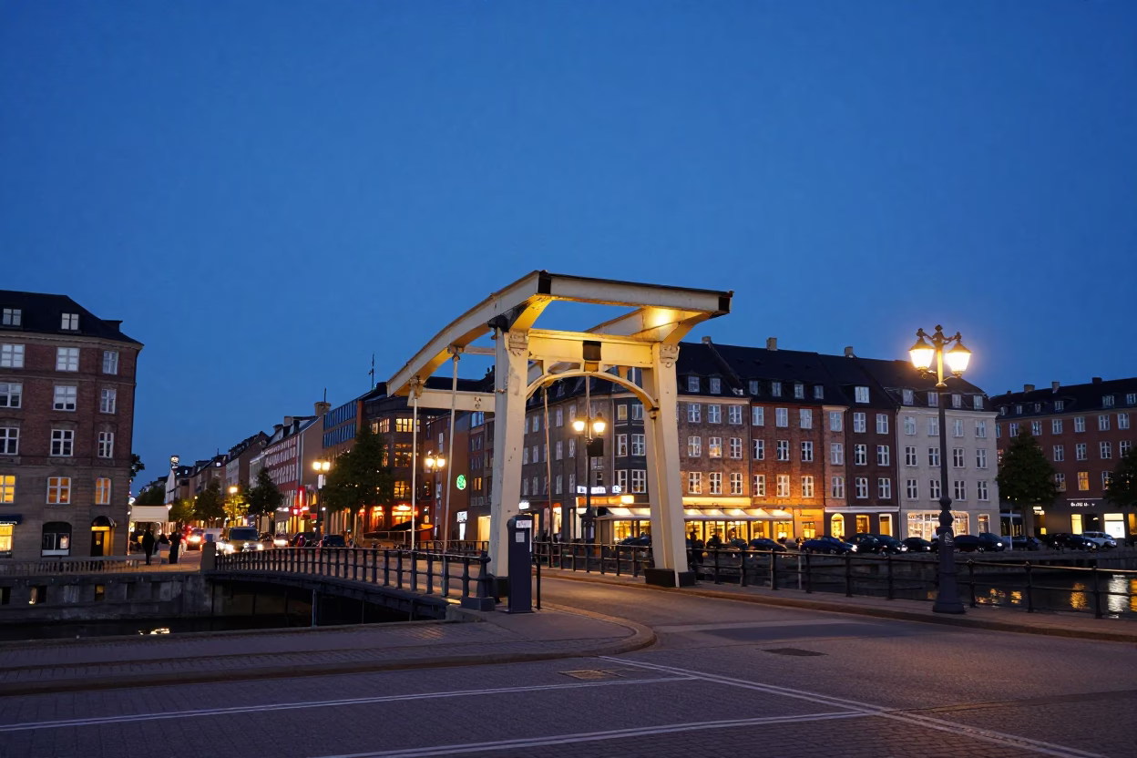 Copenhagen Denmark Dusk Street Scene with Drawbridge and Urban Life in in Copenhagen, Denmark