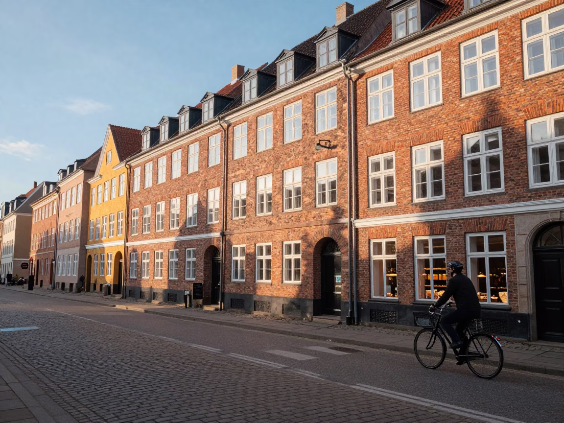 Copenhagen Denmark Early Afternoon Street Scene with Classic Danish Architecture and Cyclists in in Copenhagen, Denmark
