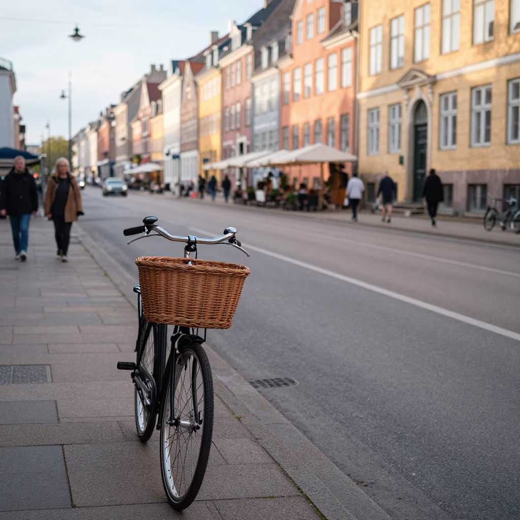 Copenhagen Denmark Early Afternoon Street Scene with Vintage Bicycle and Local Shop Display in in Copenhagen, Denmark
