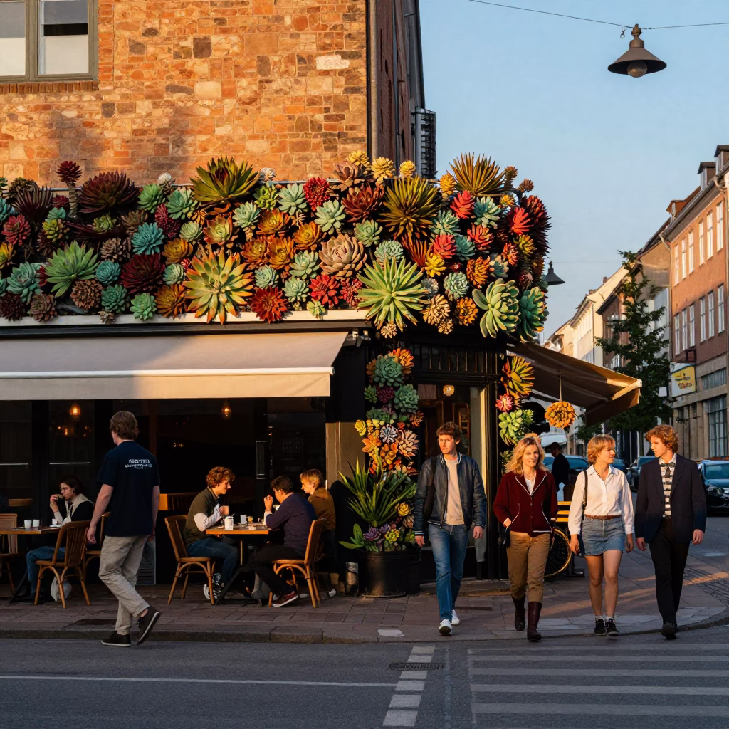Copenhagen Denmark Early Evening Street Scene with Living Wall Succulents and Urban Life in in Copenhagen, Denmark