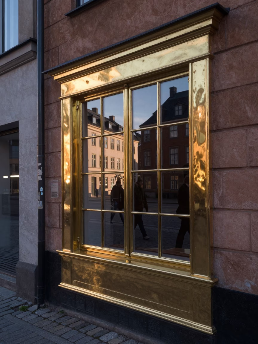 Copenhagen Denmark Early Evening Street Scene with Polished Brass Window Glass Reflecting City Life in in Copenhagen, Denmark
