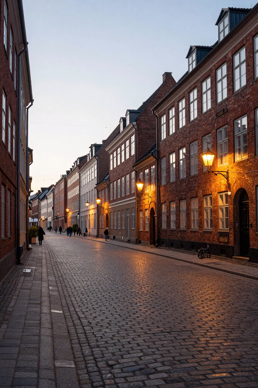 Copenhagen Denmark Early Evening Street Scene with Traditional Danish Architecture and Pedestrians in in Copenhagen, Denmark