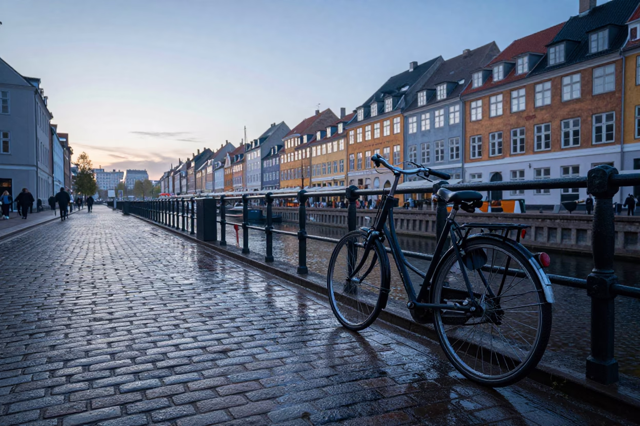 Copenhagen Denmark Early Morning Street Scene With Bicycle And Canal Reflections in in Copenhagen, Denmark