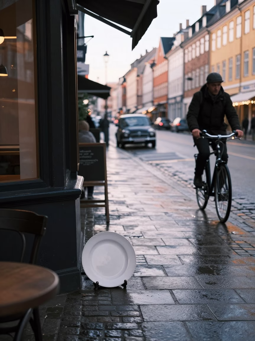 Copenhagen Denmark Early Morning Street Scene with Vintage Car and Cyclist in in Copenhagen, Denmark