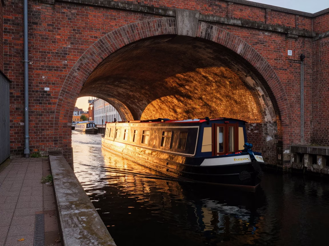 Copenhagen Denmark Evening Light Narrowboat Brick Canal Tunnel Waterfront in in Copenhagen, Denmark
