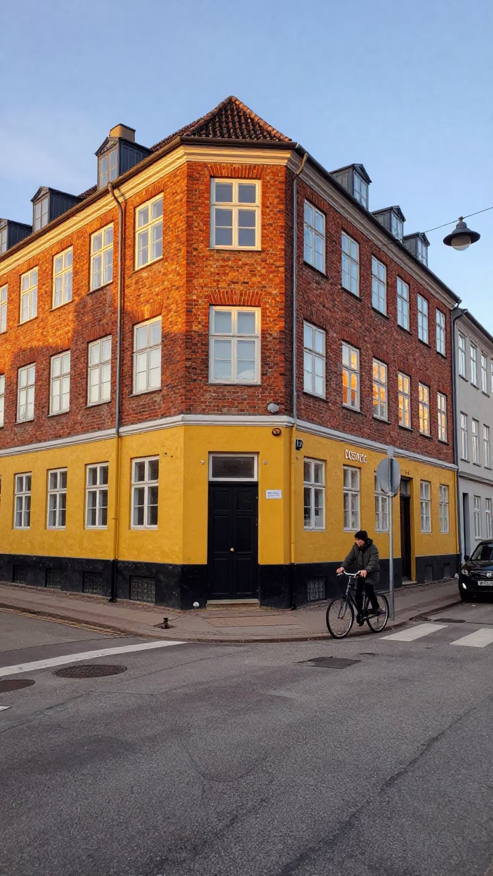 Copenhagen Denmark Evening Street Scene with District Heating Pipes and Traditional Architecture in in Copenhagen, Denmark