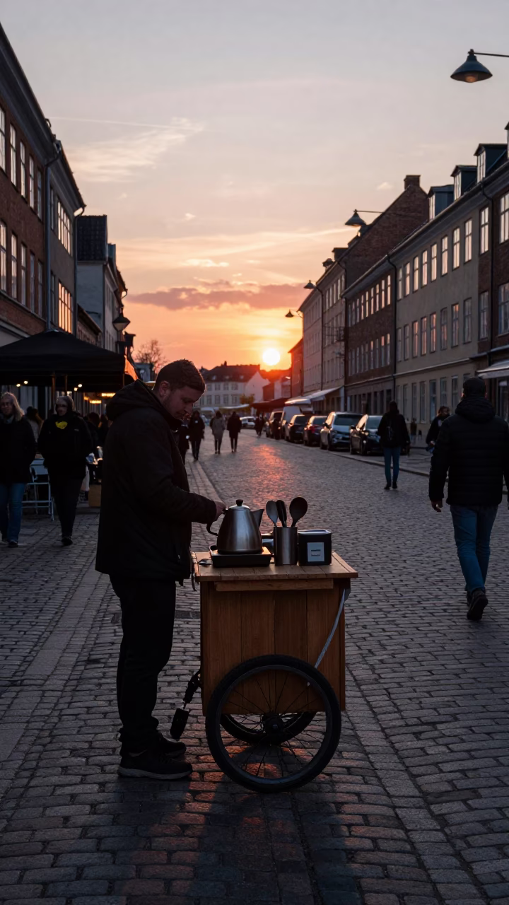 Copenhagen Denmark Evening Street Scene with Electric Kettle and Utensil Crocks in in Copenhagen, Denmark