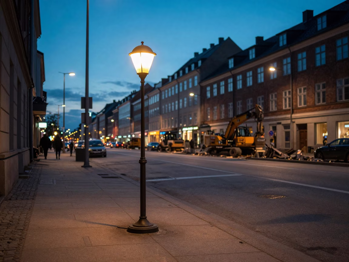 Copenhagen Denmark Evening Street Scene with Floor Lamp and Demolition Dumpster in in Copenhagen, Denmark