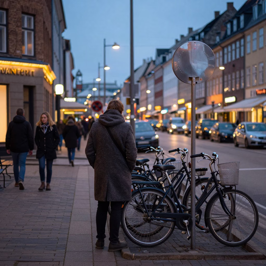 Copenhagen Denmark evening street scene with key blank and colander in in Copenhagen, Denmark