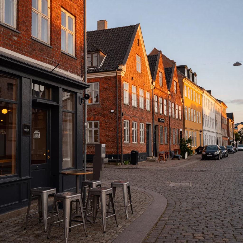 Copenhagen Denmark Evening Street Scene with Metal Stools and Urban Life in in Copenhagen, Denmark