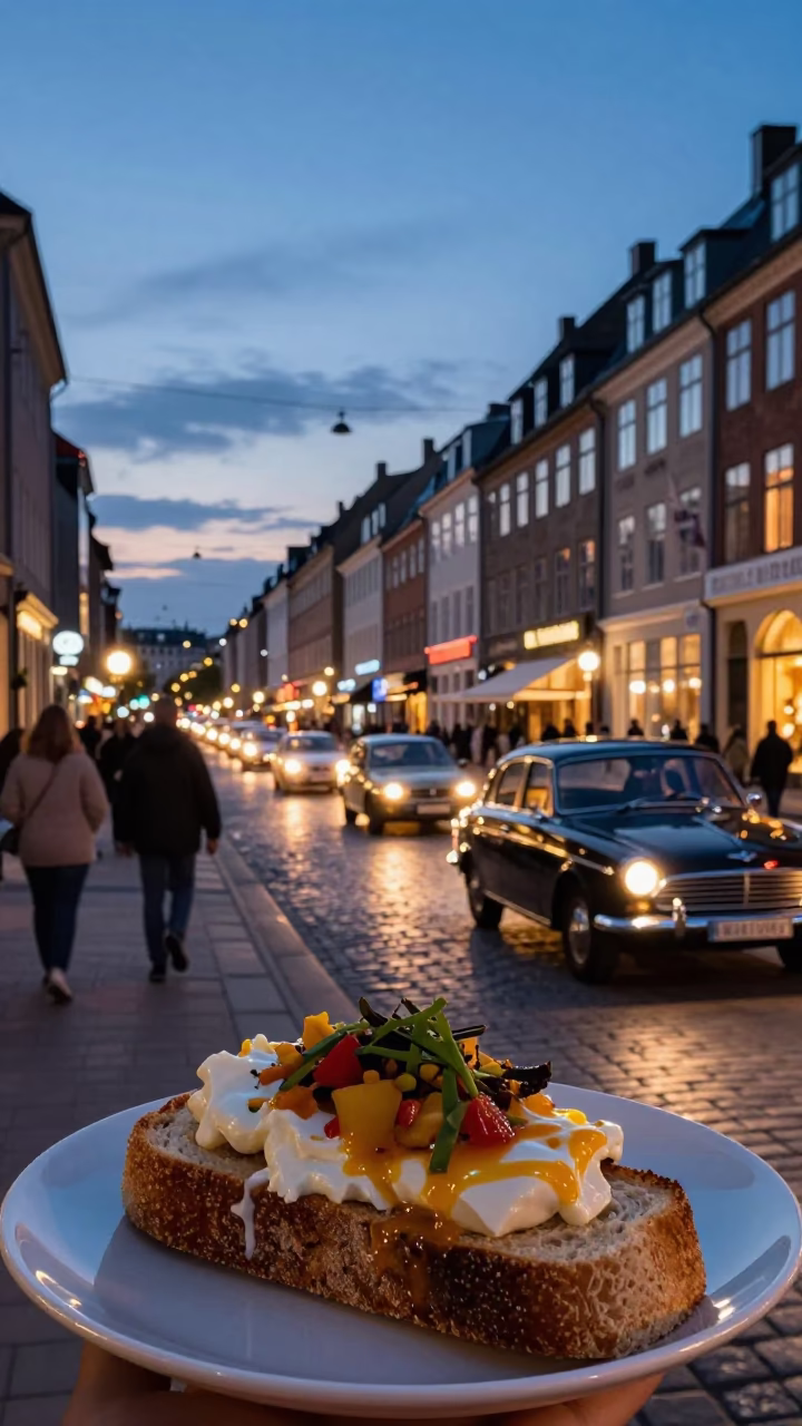 Copenhagen Denmark Evening Street Scene with Smørrebrød and Vintage Cars in in Copenhagen, Denmark