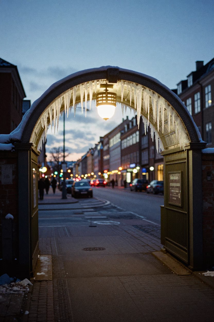 Copenhagen Denmark Evening Street Scene with Sodium Lamp Tunnel Portal and Icicles in in Copenhagen, Denmark