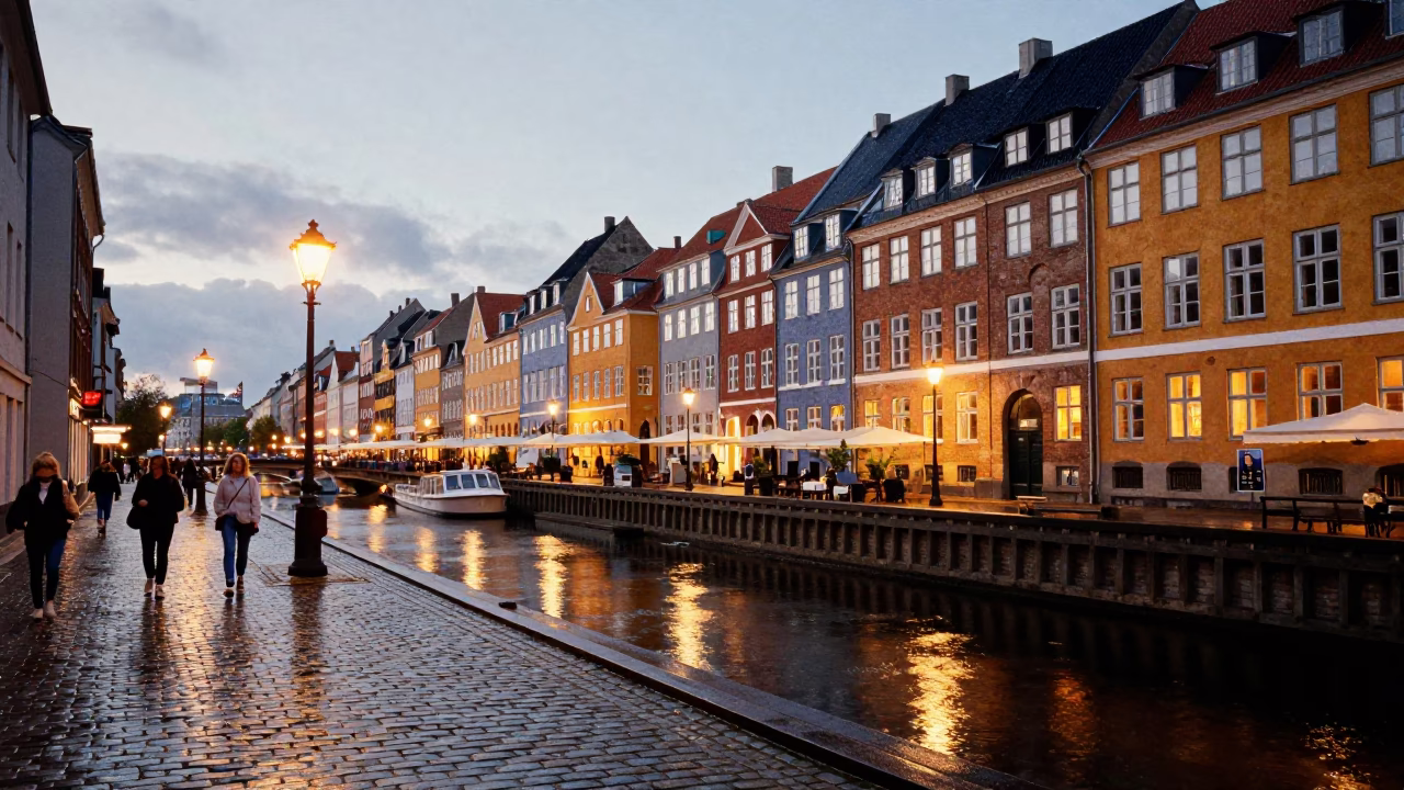 Copenhagen Denmark Evening Street Scene with Traditional Brick Architecture and City Lights in in Copenhagen, Denmark