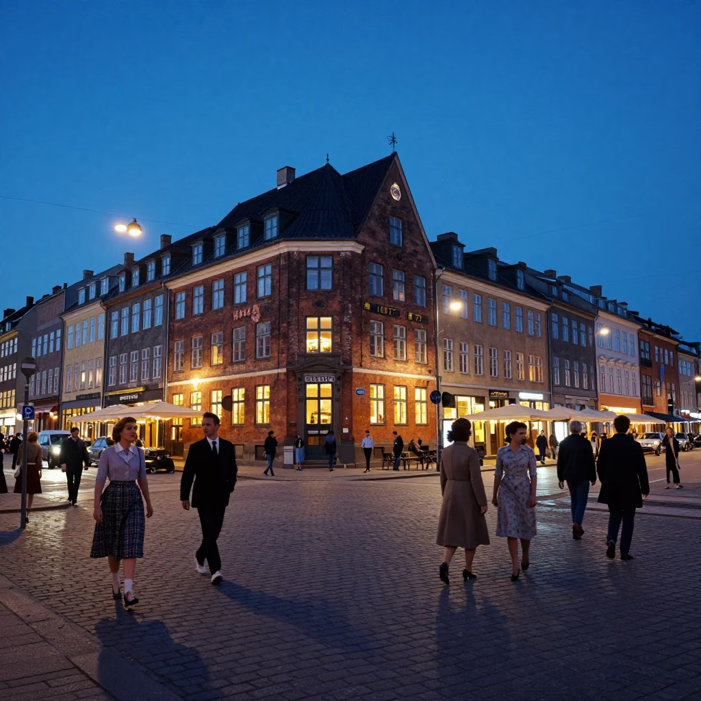 Copenhagen Denmark Evening Street Scene with Vintage 1960s Atmosphere and Local Details in in Copenhagen, Denmark