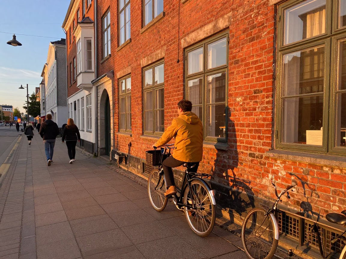 Copenhagen Denmark Evening Street Scene with Vintage Bicycle and Local Cafe Details in in Copenhagen, Denmark
