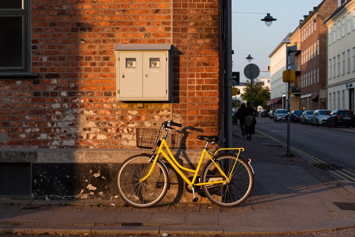 Copenhagen Denmark Evening Street Scene with Yellow Bicycle and Substation Fence Dew in in Copenhagen, Denmark