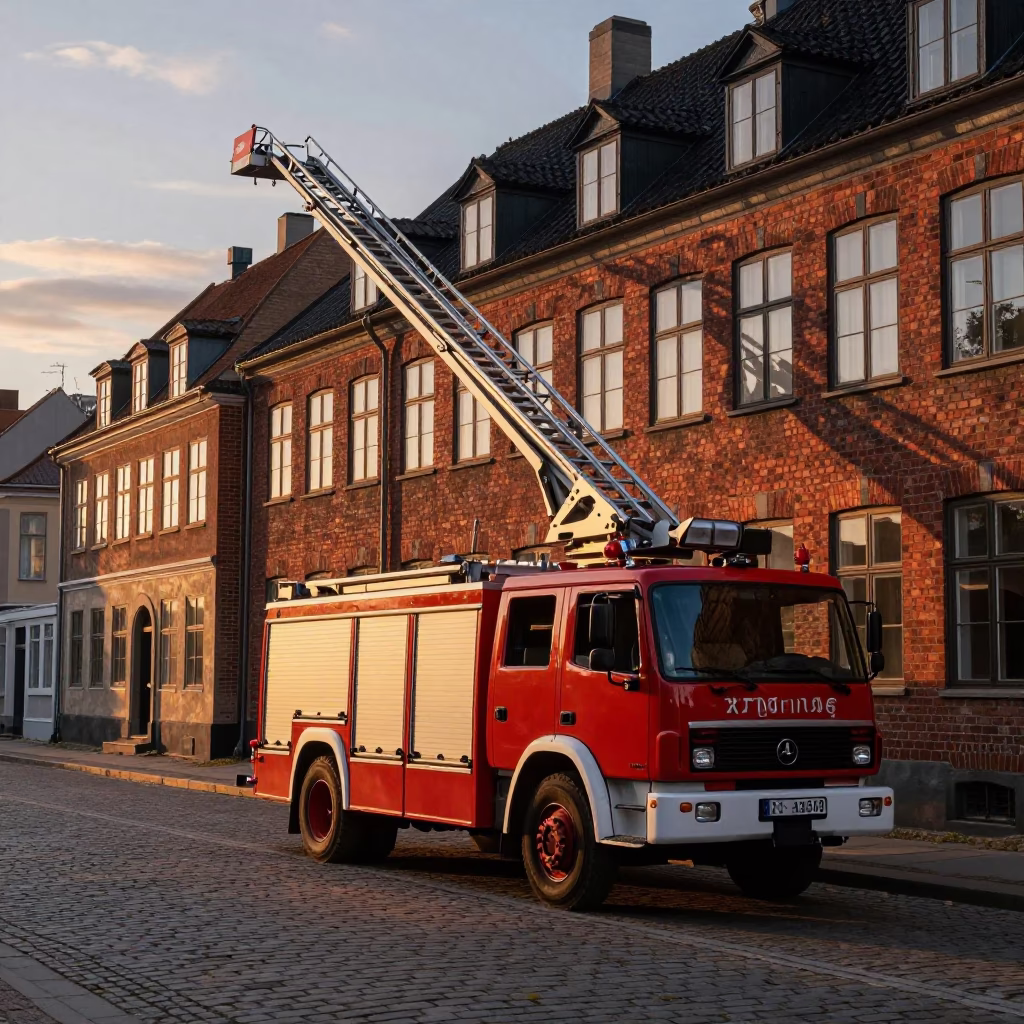 Copenhagen Denmark Fire Engine Ladder Extended Against Evening Sky in in Copenhagen, Denmark