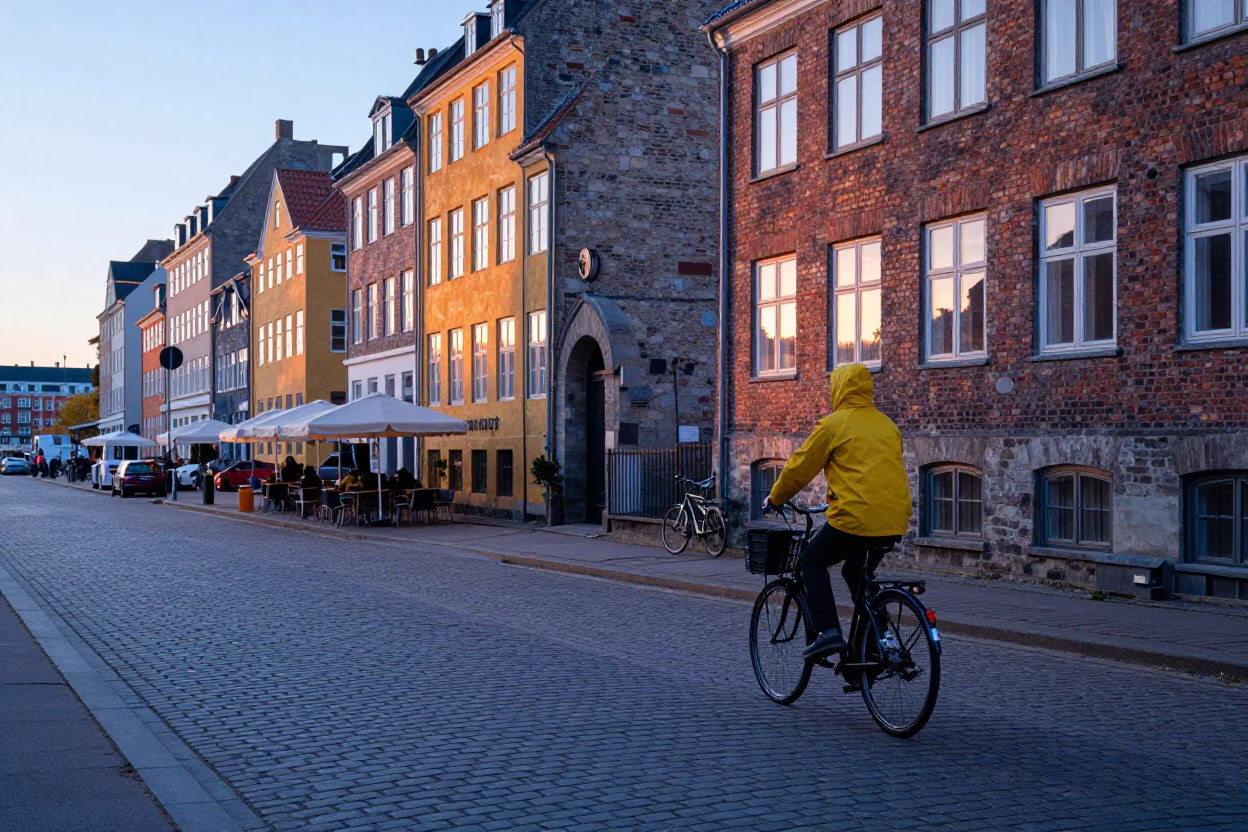 Copenhagen Denmark First Light Dawn Street Scene with Bicycle and Local Architecture in in Copenhagen, Denmark